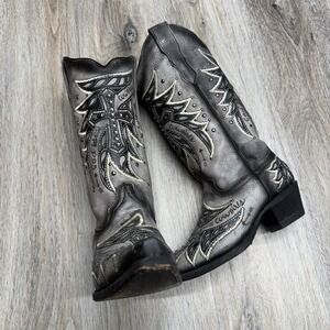 Corral Western Boots Womens 7 Black Gray Cross Wings Embroidery Bling God Bless